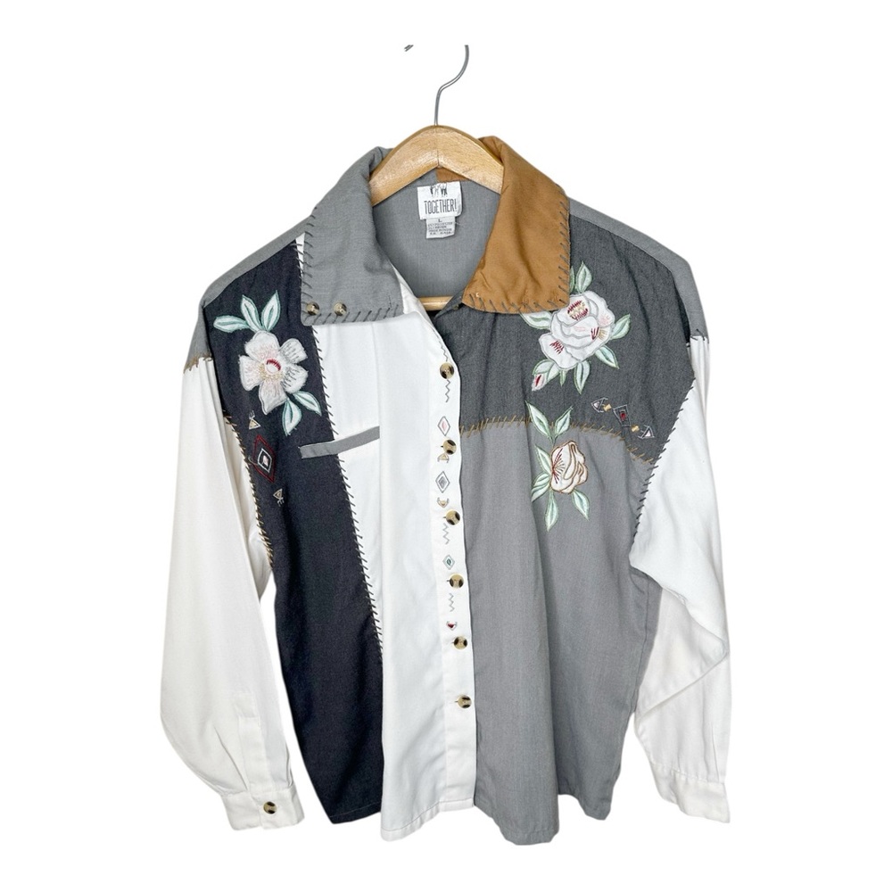 Vintage Embroidered Western Shirt Size Large Patchwork Whipstitched Rustic Boho